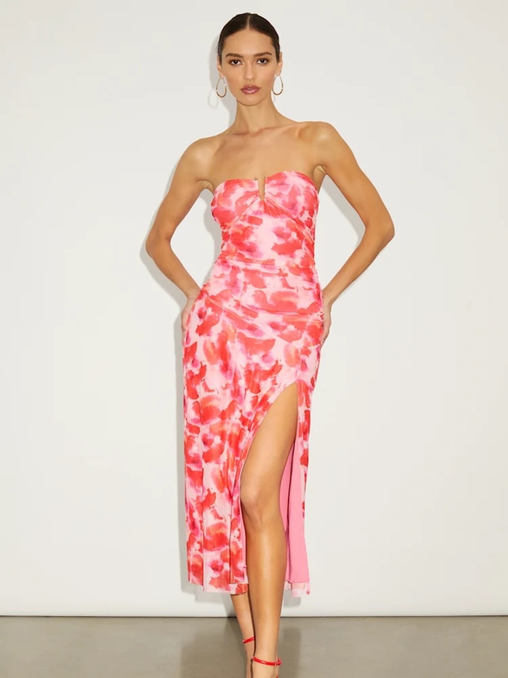 NWT Sz S Lulus Chania Pink Multi Abstract Strapless Midi Dress Gold U Hardware